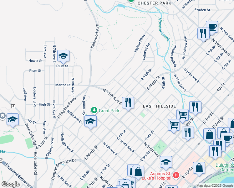 map of restaurants, bars, coffee shops, grocery stores, and more near 1103 East 10th Street in Duluth
