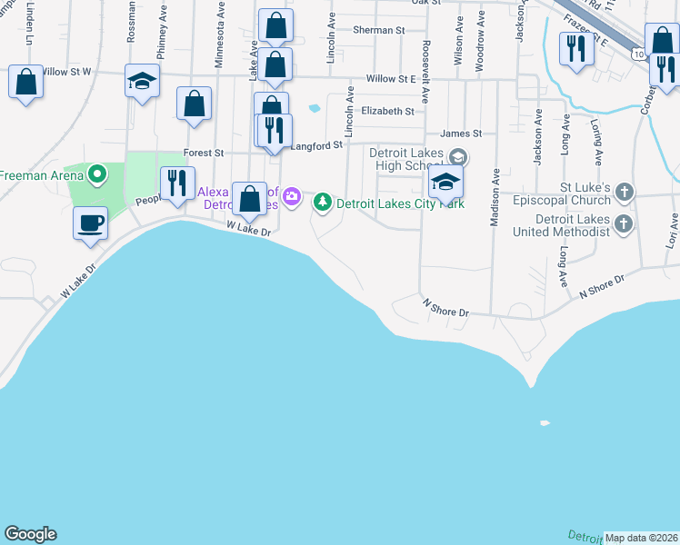 map of restaurants, bars, coffee shops, grocery stores, and more near 321 Park Lake Boulevard in Detroit Lakes