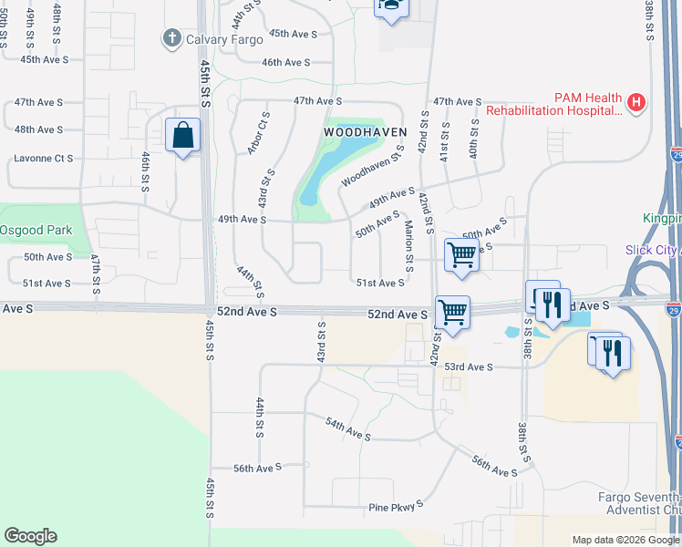 map of restaurants, bars, coffee shops, grocery stores, and more near 5068 S Loden Ct in Fargo