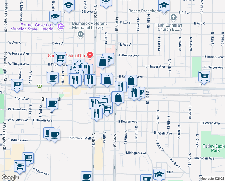 map of restaurants, bars, coffee shops, grocery stores, and more near 820 E Front Ave in Bismarck