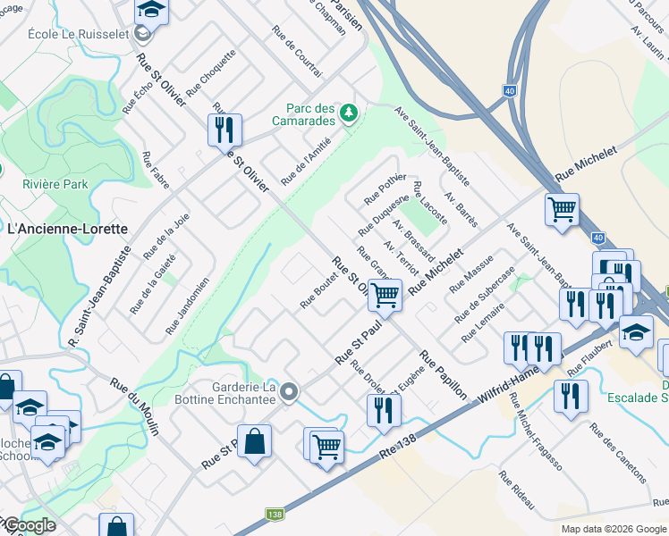 map of restaurants, bars, coffee shops, grocery stores, and more near 1446 Rue Saint Olivier in L'Ancienne-Lorette