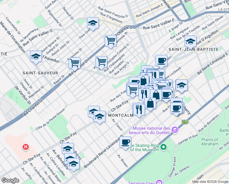 map of restaurants, bars, coffee shops, grocery stores, and more near 324 Rue Dolbeau in Québec