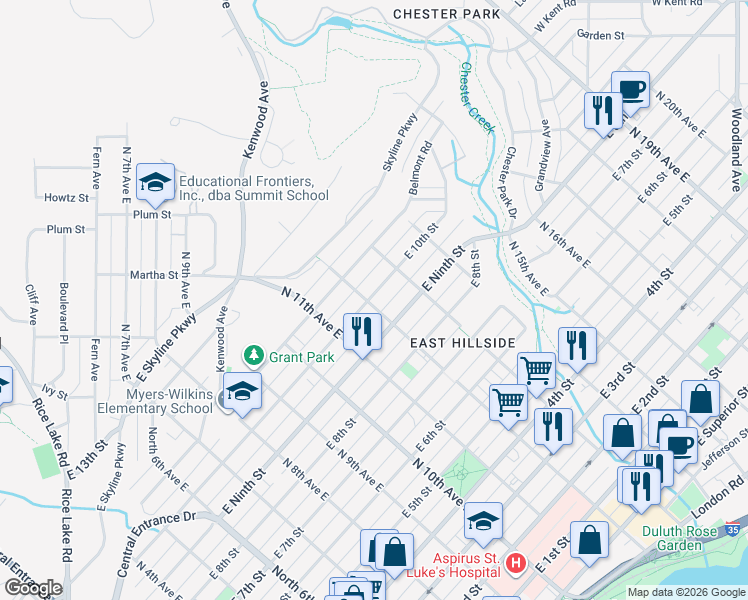 map of restaurants, bars, coffee shops, grocery stores, and more near 919 North 12th Avenue East in Duluth
