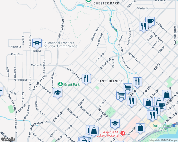 map of restaurants, bars, coffee shops, grocery stores, and more near 919 North 12th Avenue East in Duluth