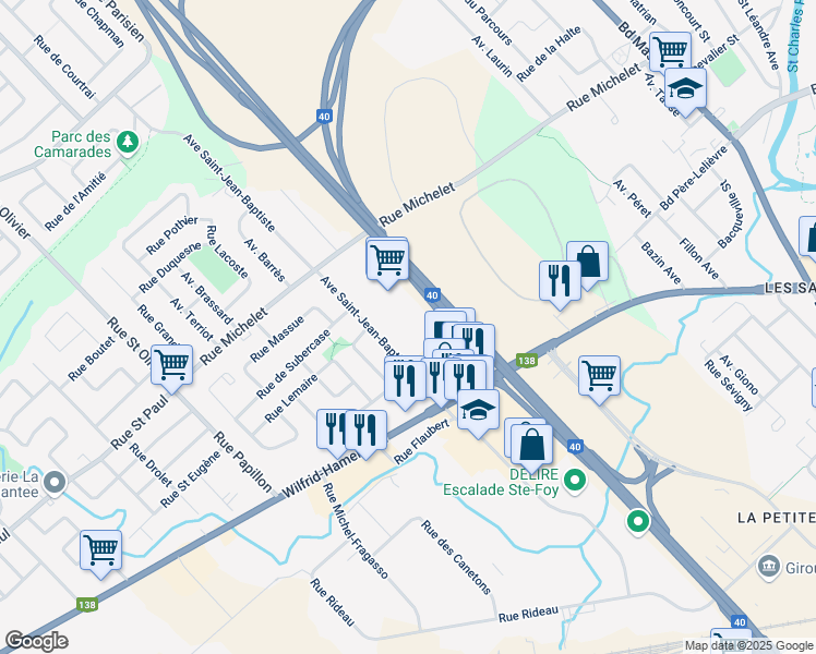 map of restaurants, bars, coffee shops, grocery stores, and more near 2600 Avenue Saint Jean Baptiste in Ville de Québec