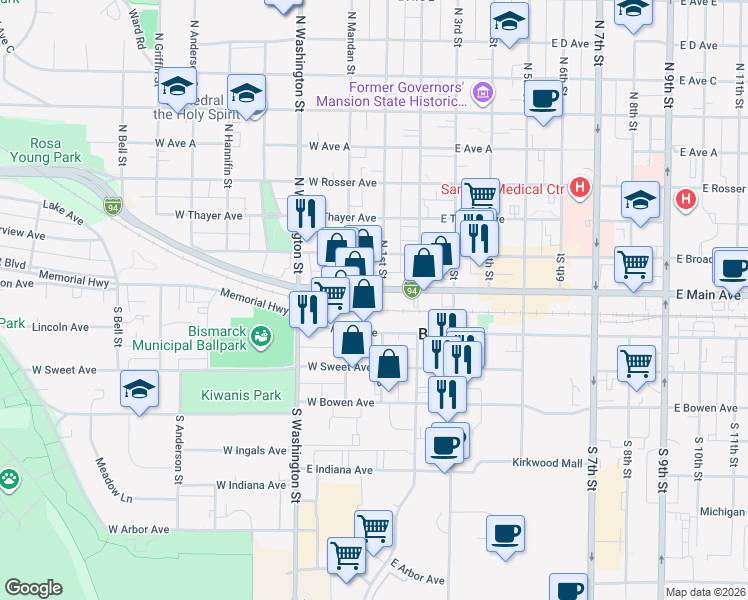 map of restaurants, bars, coffee shops, grocery stores, and more near 100 West Front Avenue in Bismarck