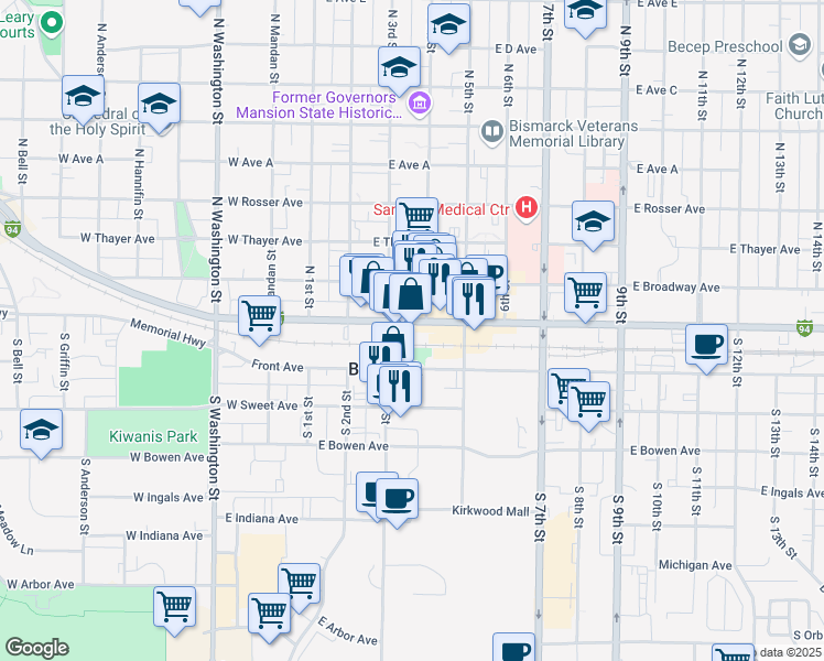 map of restaurants, bars, coffee shops, grocery stores, and more near 317 East Main Avenue in Bismarck