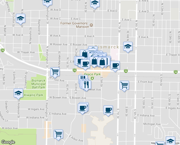 map of restaurants, bars, coffee shops, grocery stores, and more near 317 East Main Avenue in Bismarck