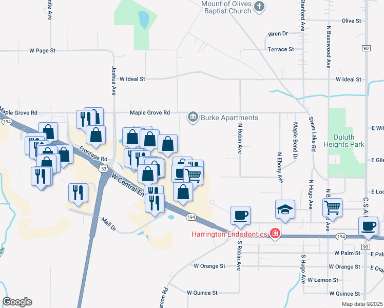 map of restaurants, bars, coffee shops, grocery stores, and more near Maple Grove Road in St. Louis County