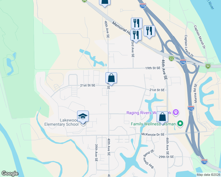 map of restaurants, bars, coffee shops, grocery stores, and more near 4101 21st Street Southeast in Mandan