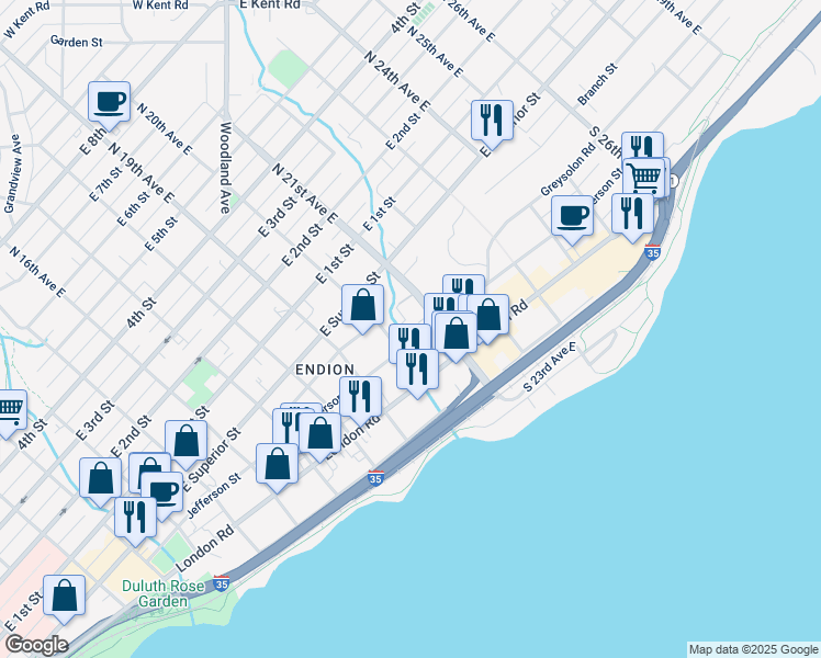 map of restaurants, bars, coffee shops, grocery stores, and more near 1932 Jefferson Street in Duluth