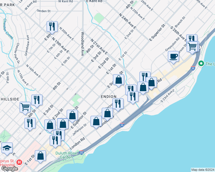 map of restaurants, bars, coffee shops, grocery stores, and more near in Duluth