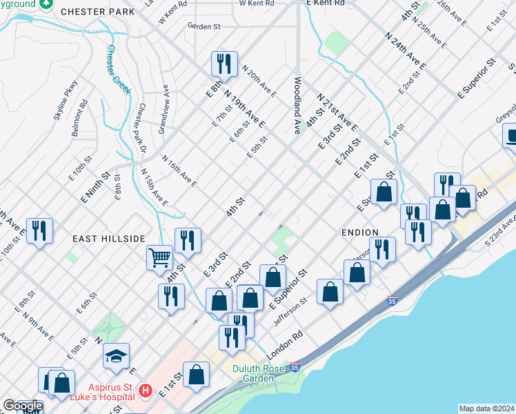 map of restaurants, bars, coffee shops, grocery stores, and more near 1618 East 3rd Street in Duluth