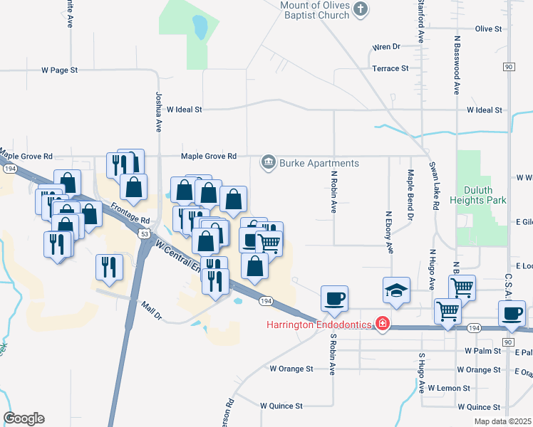 map of restaurants, bars, coffee shops, grocery stores, and more near 724 Maple Grove Road in Duluth