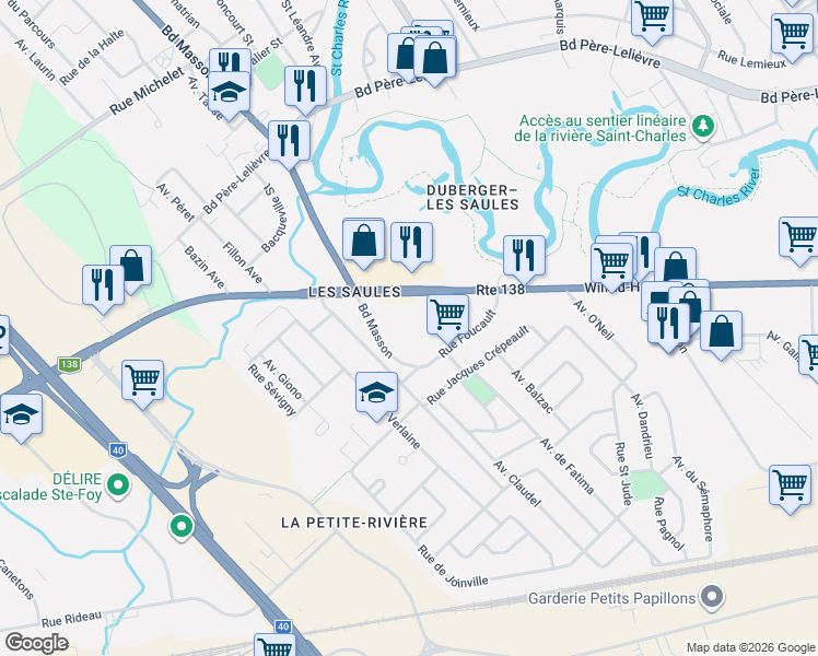 map of restaurants, bars, coffee shops, grocery stores, and more near Boulevard Masson in Québec