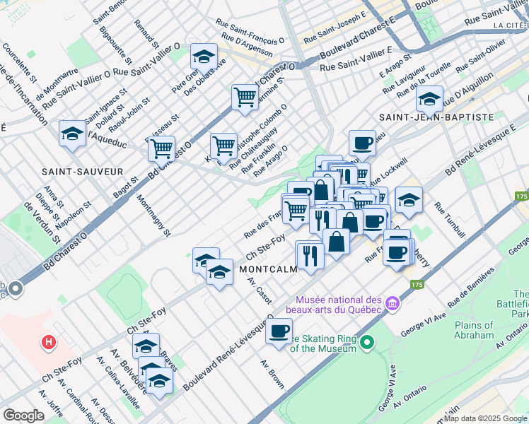 map of restaurants, bars, coffee shops, grocery stores, and more near 733 Avenue de l'Alverne in Ville de Québec
