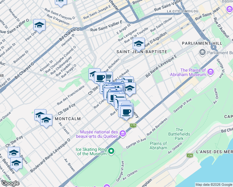 map of restaurants, bars, coffee shops, grocery stores, and more near 974 Avenue De Salaberry in Québec