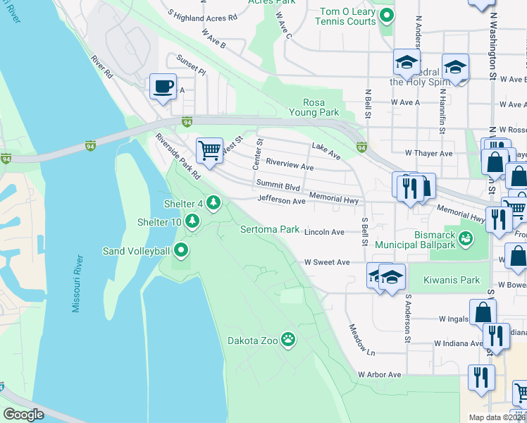 map of restaurants, bars, coffee shops, grocery stores, and more near Riverfront Trail in Bismarck