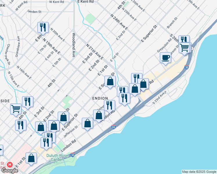 map of restaurants, bars, coffee shops, grocery stores, and more near 1921 Greysolon Road in Duluth