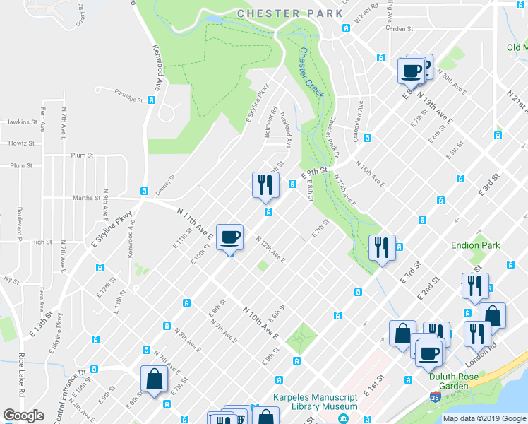 map of restaurants, bars, coffee shops, grocery stores, and more near 1225 East 9th Street in Duluth