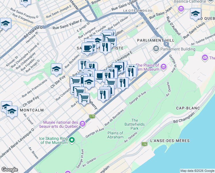 map of restaurants, bars, coffee shops, grocery stores, and more near 1155 Rue Turnbull in Québec City