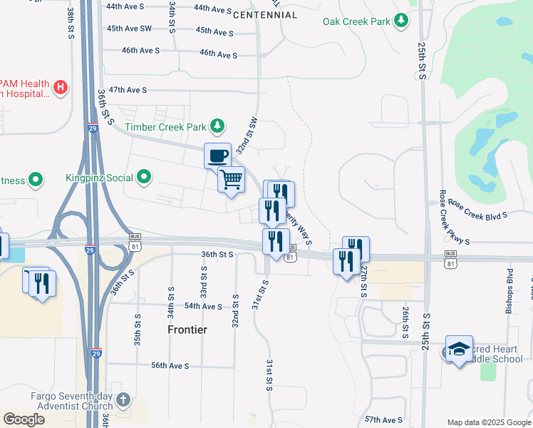 map of restaurants, bars, coffee shops, grocery stores, and more near 5052 36th Street South in Fargo