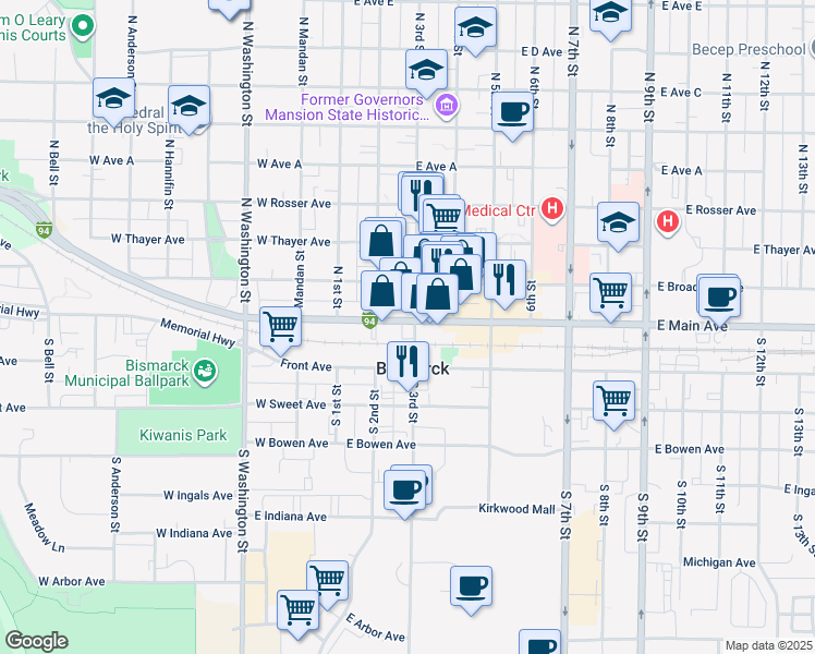 map of restaurants, bars, coffee shops, grocery stores, and more near in Bismarck