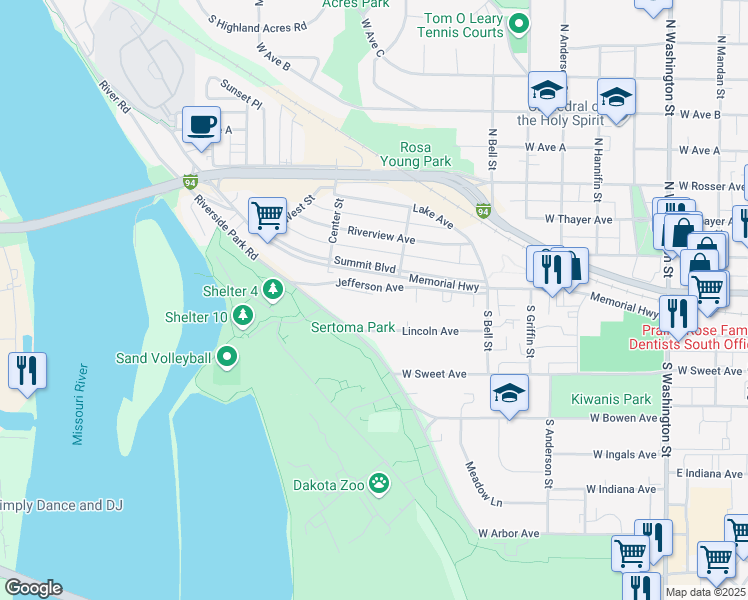 map of restaurants, bars, coffee shops, grocery stores, and more near 1026 Summit Boulevard in Bismarck