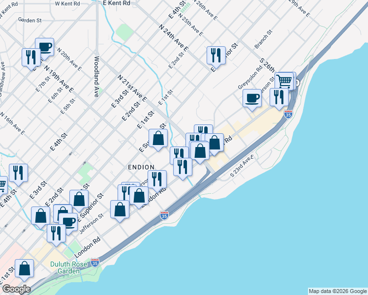 map of restaurants, bars, coffee shops, grocery stores, and more near 2105 Jefferson Street in Duluth