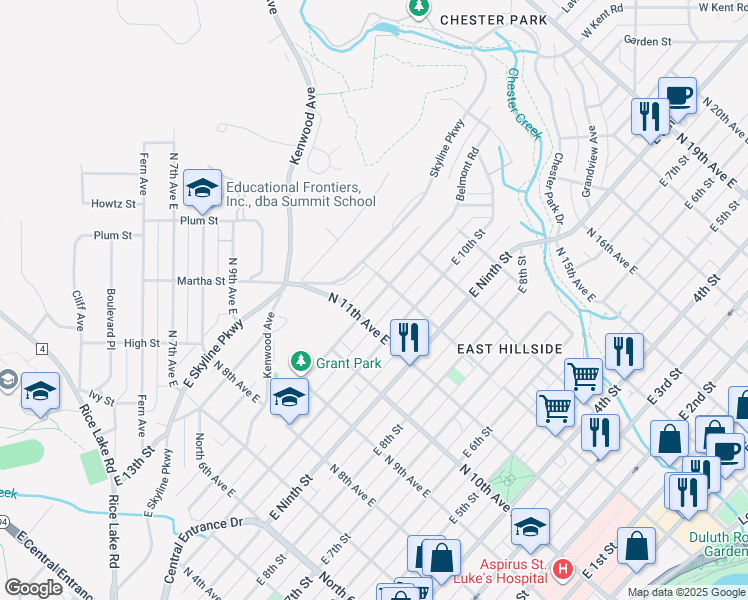 map of restaurants, bars, coffee shops, grocery stores, and more near 1112 North 12th Avenue East in Duluth