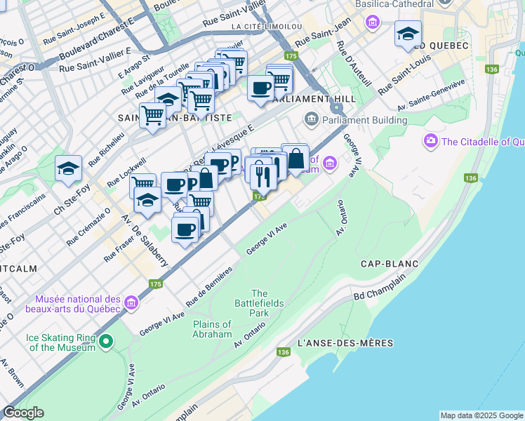 map of restaurants, bars, coffee shops, grocery stores, and more near 1225 Cours du Général de Montcalm in Québec
