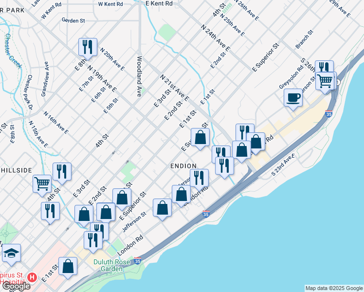 map of restaurants, bars, coffee shops, grocery stores, and more near 1901 East Superior Street in Duluth