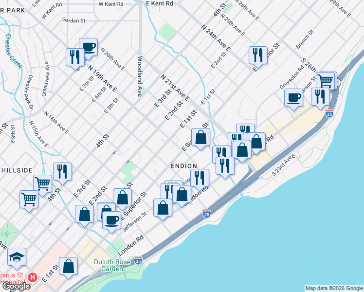 map of restaurants, bars, coffee shops, grocery stores, and more near 1901 East Superior Street in Duluth