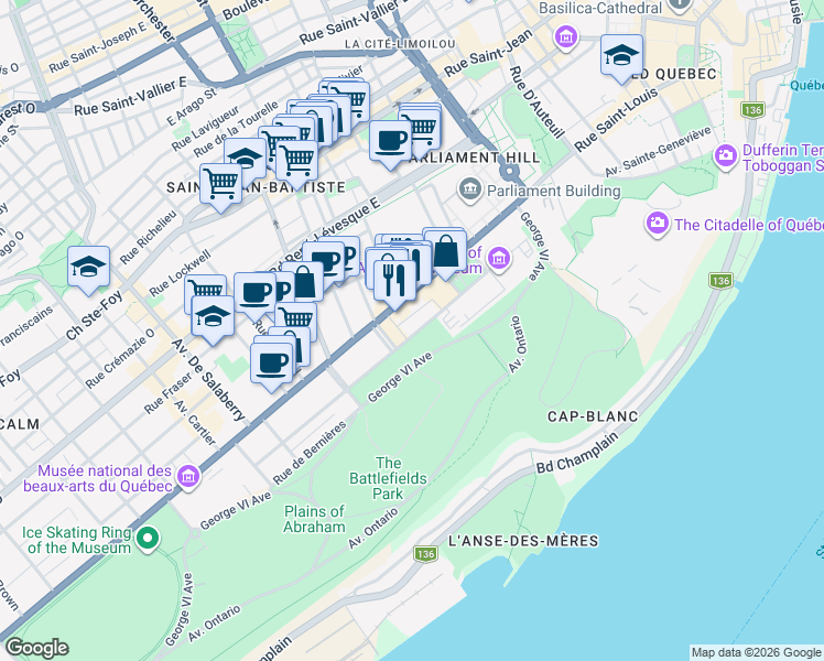 map of restaurants, bars, coffee shops, grocery stores, and more near 600 Wilfrid-Laurier Avenue in Québec City