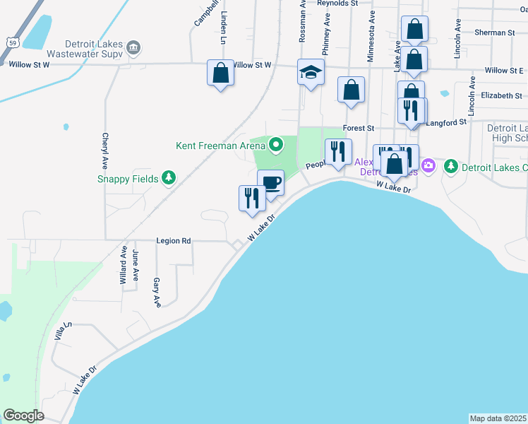 map of restaurants, bars, coffee shops, grocery stores, and more near 624 West Lake Drive in Detroit Lakes