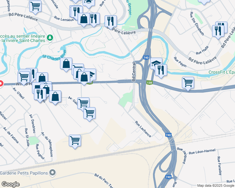 map of restaurants, bars, coffee shops, grocery stores, and more near 1480 Rue Lachance in Ville de Québec
