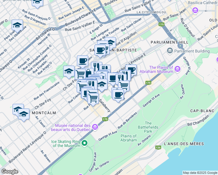 map of restaurants, bars, coffee shops, grocery stores, and more near 155 Rue de Maisonneuve in Québec