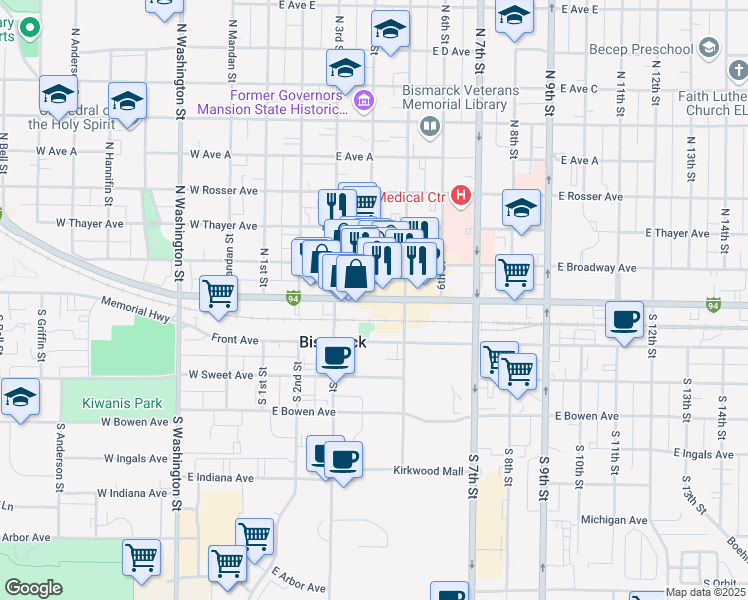 map of restaurants, bars, coffee shops, grocery stores, and more near 112 North 4th Street in Bismarck