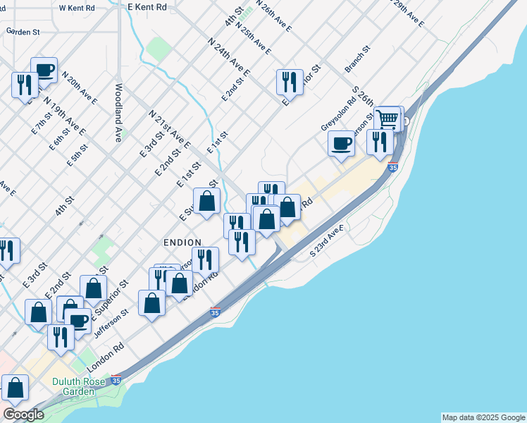 map of restaurants, bars, coffee shops, grocery stores, and more near 2105 Jefferson Street in Duluth