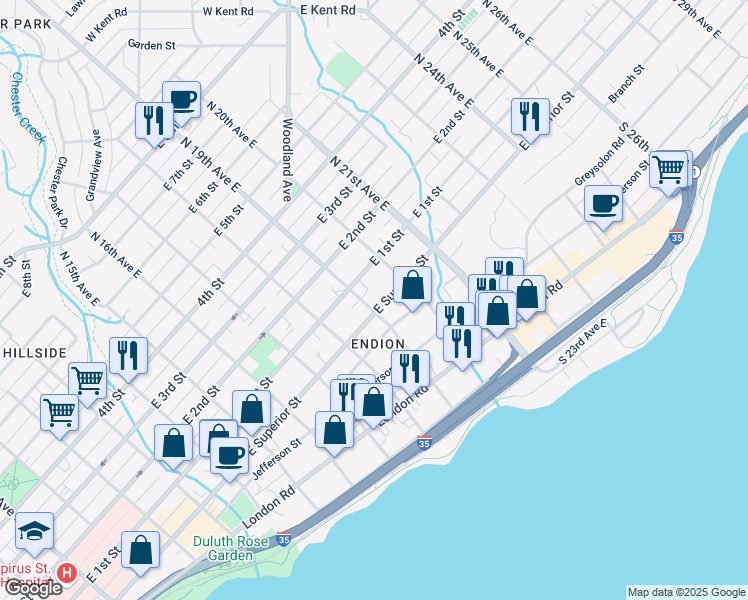 map of restaurants, bars, coffee shops, grocery stores, and more near 1914 East 1st Street in Duluth