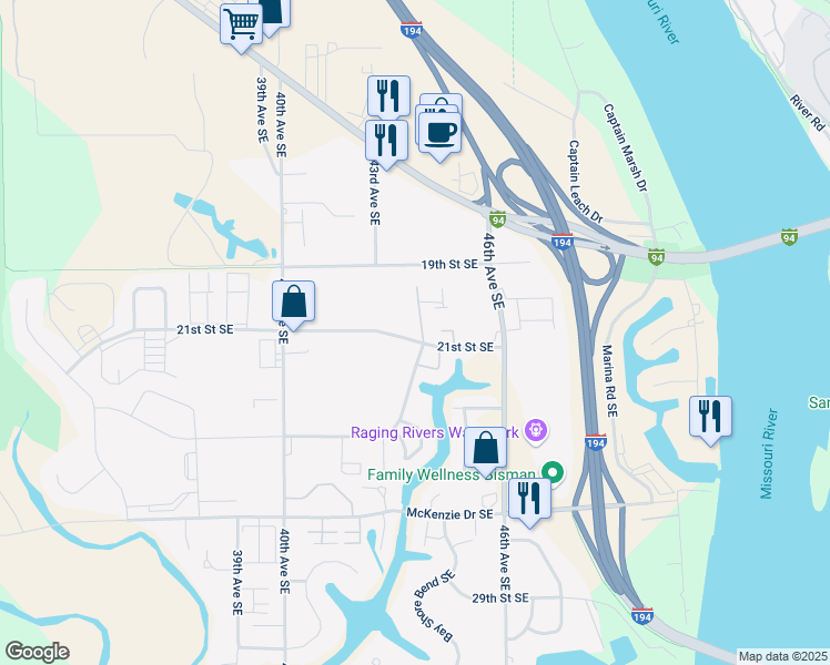 map of restaurants, bars, coffee shops, grocery stores, and more near 2121 21st Street Southeast in Mandan