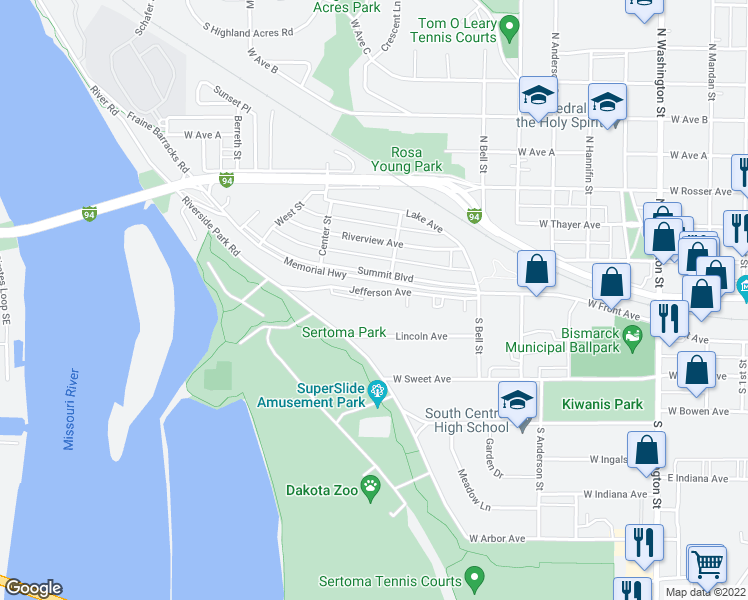 map of restaurants, bars, coffee shops, grocery stores, and more near 1035 Jefferson Avenue in Bismarck