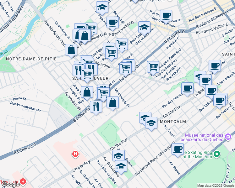 map of restaurants, bars, coffee shops, grocery stores, and more near in Québec City