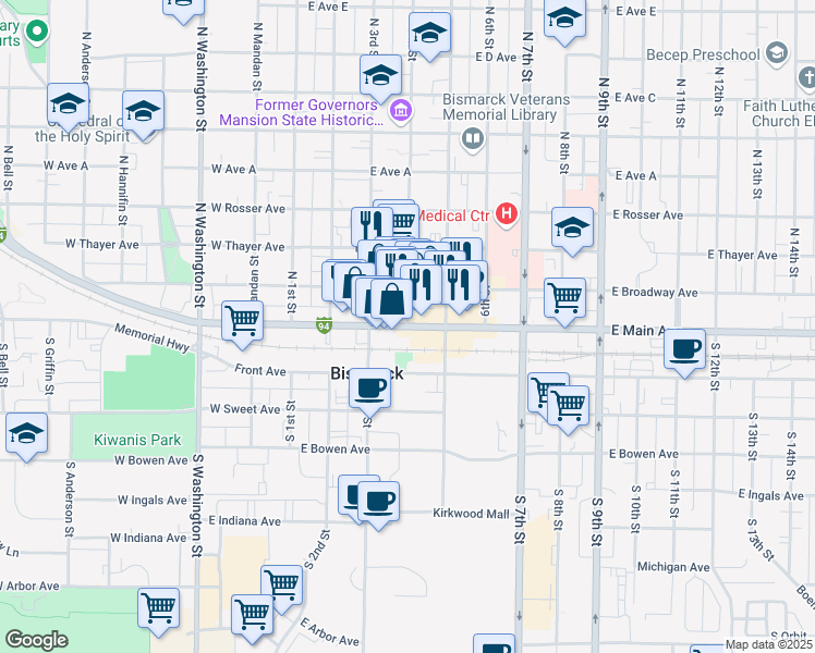 map of restaurants, bars, coffee shops, grocery stores, and more near 22 North 4th Street in Bismarck