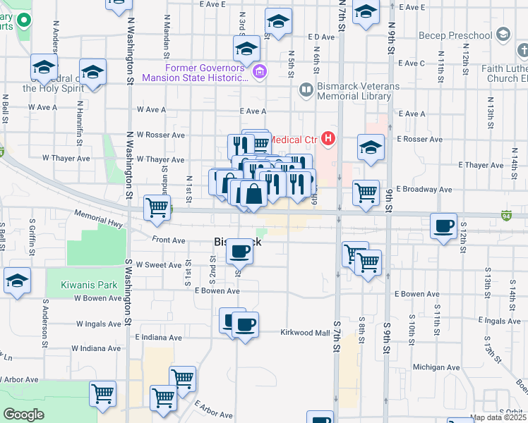 map of restaurants, bars, coffee shops, grocery stores, and more near 22 North 4th Street in Bismarck
