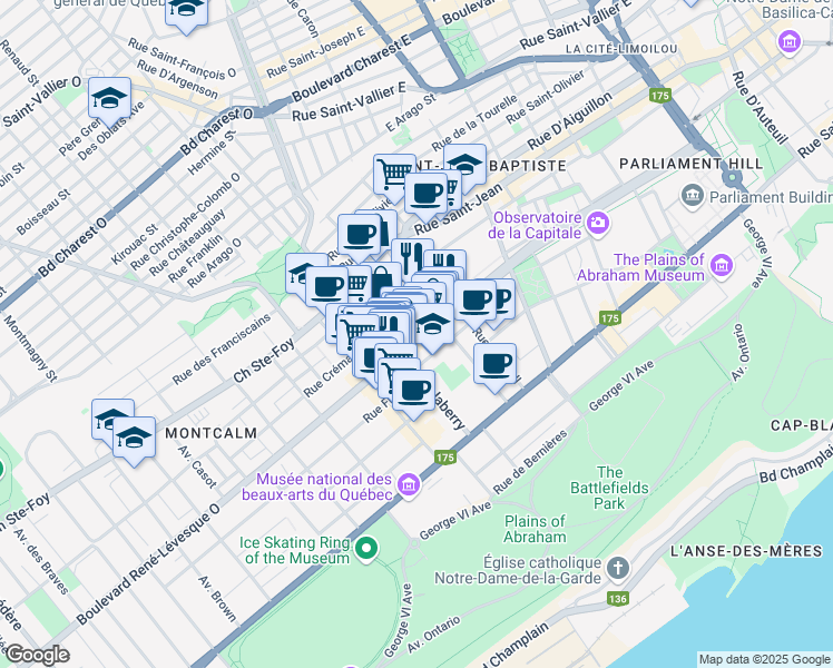 map of restaurants, bars, coffee shops, grocery stores, and more near 30 Boulevard René-Lévesque Est in Québec