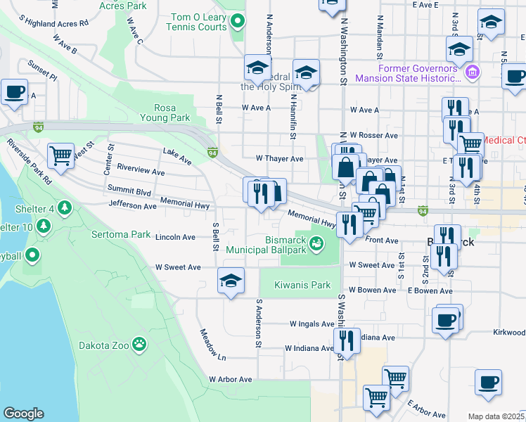 map of restaurants, bars, coffee shops, grocery stores, and more near 863 West Main Avenue in Bismarck