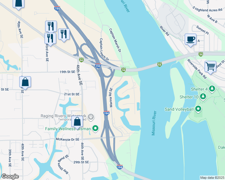 map of restaurants, bars, coffee shops, grocery stores, and more near 2110 Marina Road Southeast in Mandan