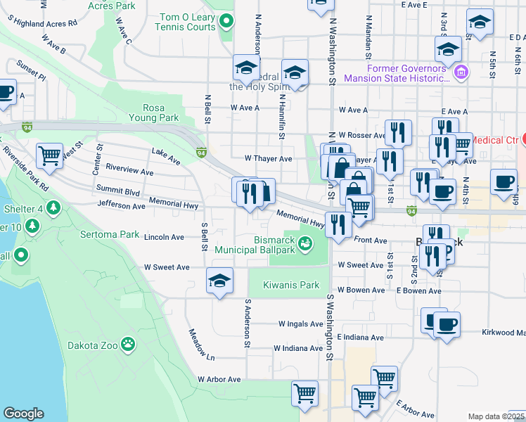 map of restaurants, bars, coffee shops, grocery stores, and more near 527 Memorial Highway in Bismarck