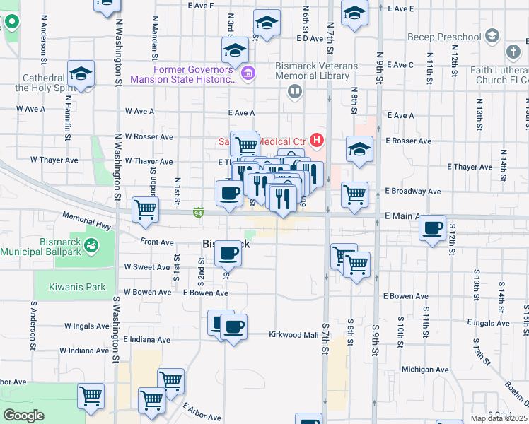 map of restaurants, bars, coffee shops, grocery stores, and more near 410 East Main Avenue in Bismarck